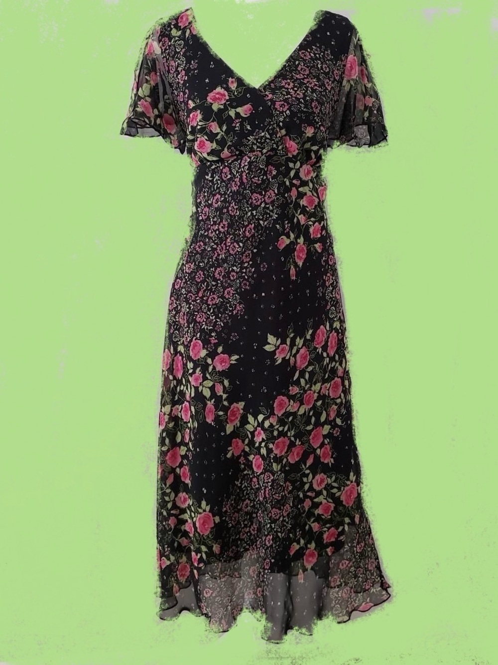 Black babydoll midi with Pink Rose Print